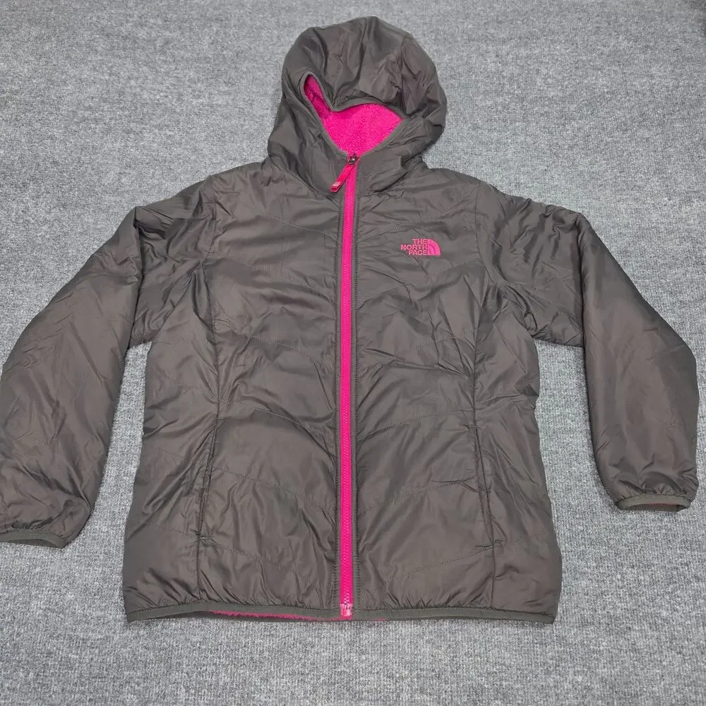 The North Face Girls XL Reversible Fleece Lined Hooded Jacket Pink Charcoal